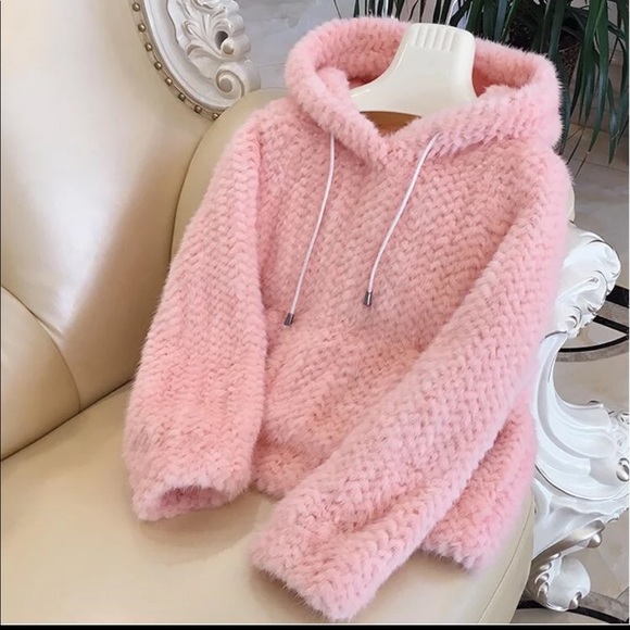 Real mink fur soft knit hoody in pink